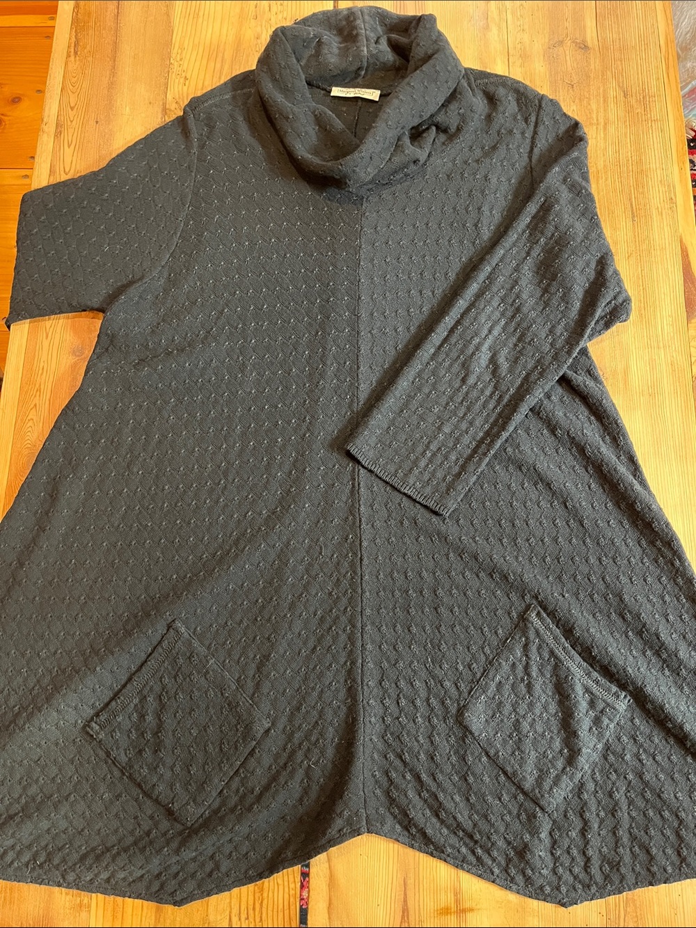 MARGARET WINTERS M Blk Pointelle Cowl Neck Sweater Tunic Asymmetrical Lagenlook